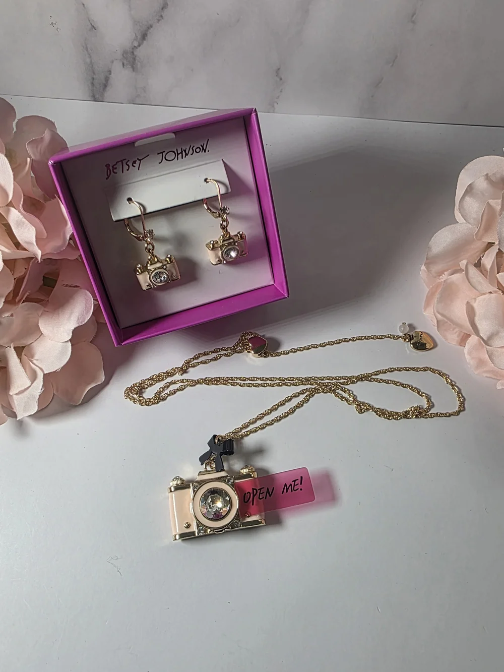 Betsey Johnson - Pink Camera Earrings & Necklace Set